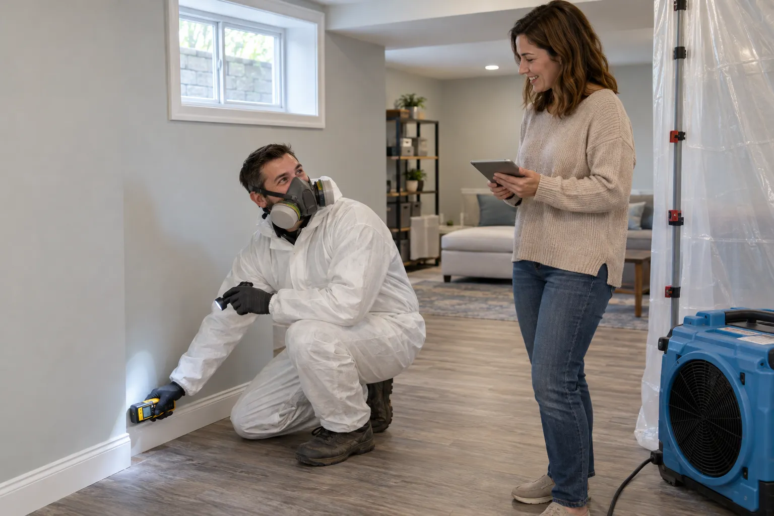 Technician removing dark mold from a bathroom ceiling