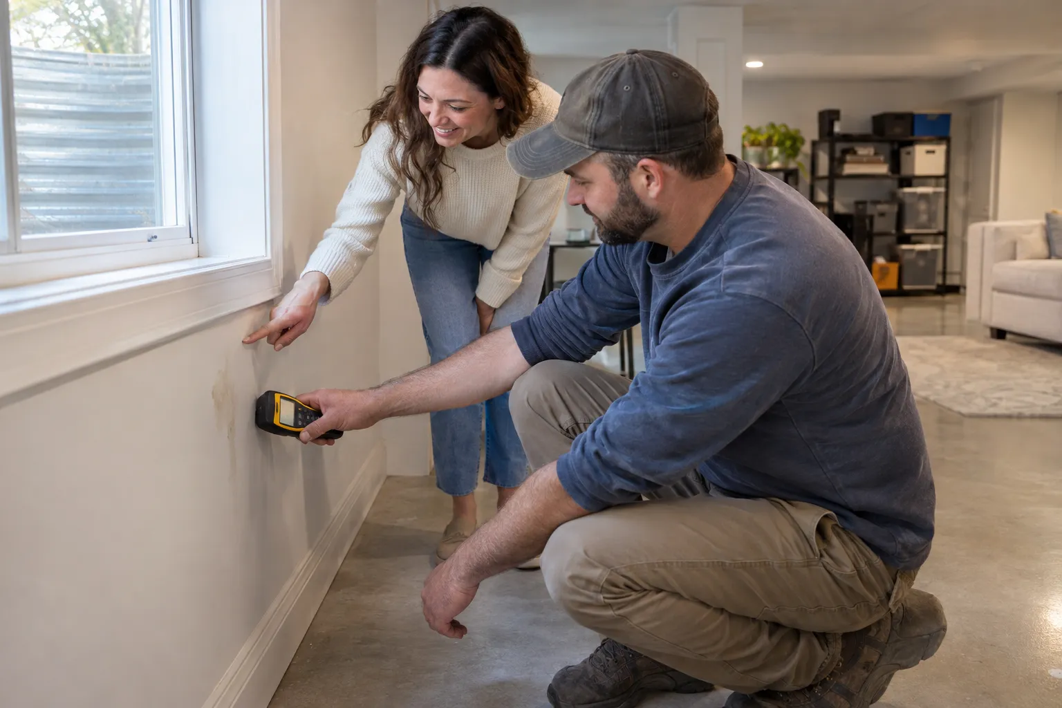 Mold inspector using a thermal camera on a wall